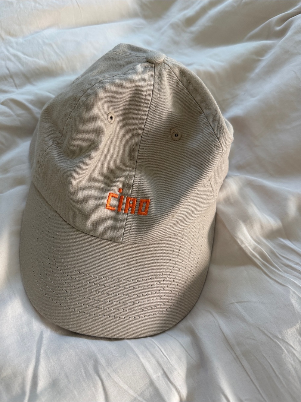 Beige Baseball Cap with Orange "ciao" Embroidery